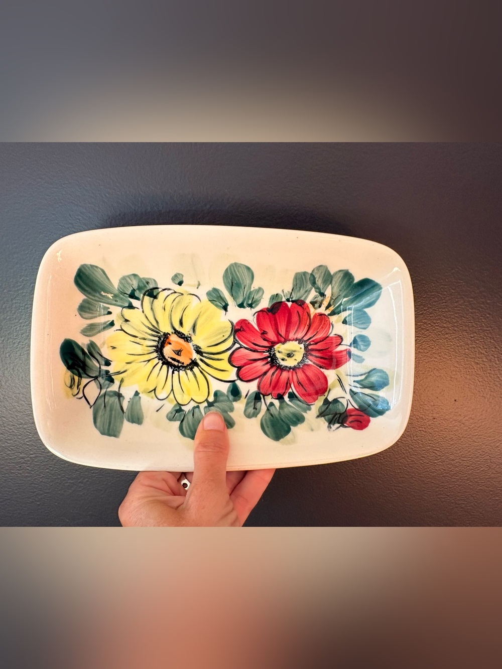 Vintage Hand-Painted Floral Ceramic Tray in Red and Yellow- made in Japan